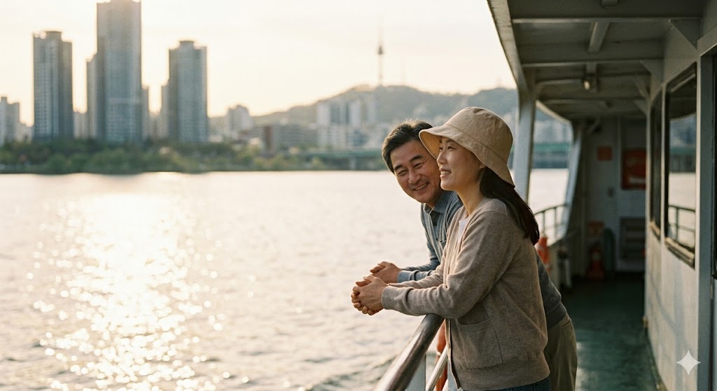캐나다 역이민 후 한강 버스에서 남편과 윤슬을 바라보며 힐링하는 따뜻한 순간- 캐나다 역이민 후 한국의 익숙한 정서와 풍경 속에서 찾는 소소한 행복과 정서적 소속감을 상징적으로 보여줍니다.