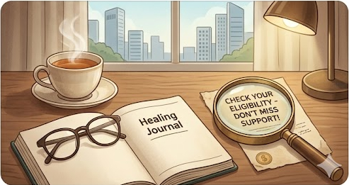 2026 건강보험료 하위 70%기준 금액-힐링저널'의 따뜻한 감성을 담은 전문가의 책상 풍경. 따뜻한 차 한 잔과 'Healing Journal'이라고 적힌 노트, 돋보기가 놓여 있다. 돋보기가 비추는 메모지에는 'CHECK YOUR ELIGIBILITY - DON'T MISS SUPPORT!'(자격 요건을 확인하세요 - 지원을 놓치지 마세요!)라는 영어 문구가 적혀 있어, 독자에게 마지막으로 정보 확인과 신청을 독려한다.