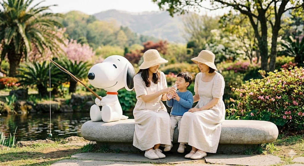 제주도 아이와 갈만한 곳 스누피가든에서 캐릭터와 함께 휴식을 취하는 행복한 가족으로 아이와 부모가 모두 힐링하는 순간입니다.