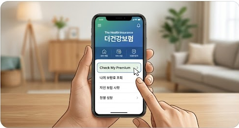 건강보험료 하위 70%기준-사용자가 스마트폰을 들고 국민건강보험공단의 모바일 앱인 'The건강보험'(앱 화면에는 'The HealthInsurance' 및 '더건강보험' 혼용 표기)을 실행한 화면. 손가락 모양의 커서가 'Check My Premium'(나의 보험료 조회) 메뉴를 가리키고 있어, 독자가 직관적으로 조회 방법을 따라 할 수 있도록 안내한다.