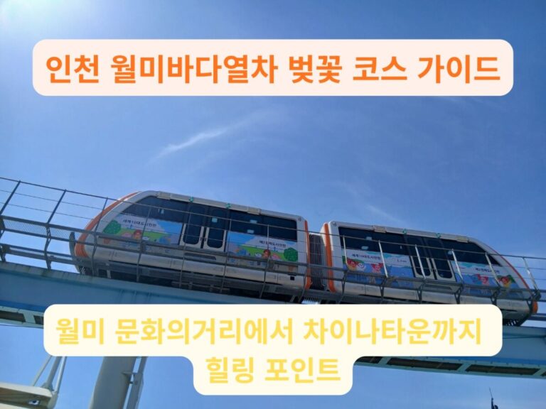 푸른 하늘을 배경으로 운행 중인 인천 월미바다열차와 벚꽃 코스 가이드 타이틀 이미지