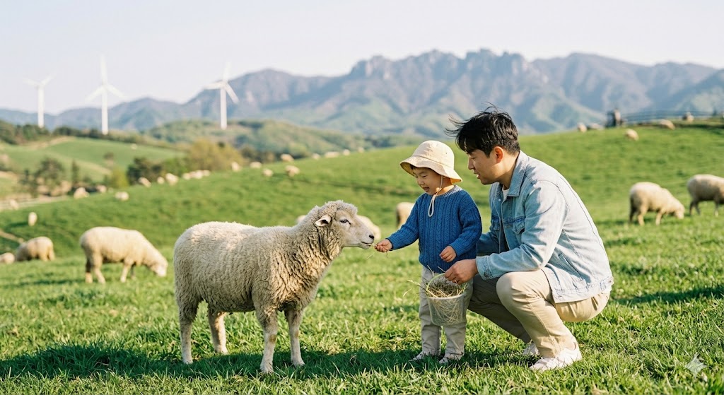 아이와 갈만한 곳 대관령 양떼목장에서 아빠와 아이가 양에게 먹이를 주는 체험 장면으 동물과 교감하며 아이의 공감 능력을 키워주는 목장 체험 활동입니다.