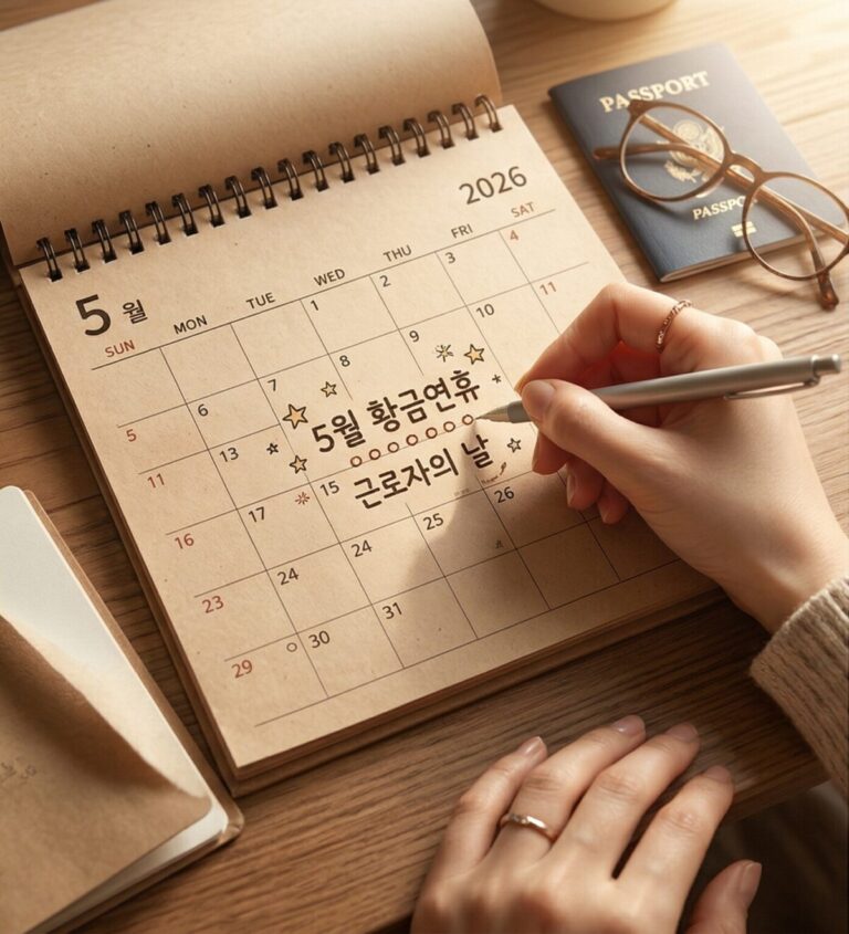2026년 5월 달력에 5월 황금연휴와 근로자의 날 계획을 펜으로 적고 있는 모습