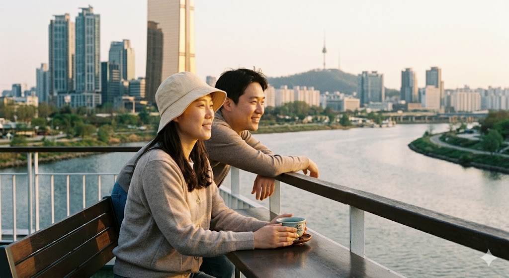 한강변 카페에서 남편과 함께 제2의 인생을 설계하며 활짝 웃고 있는 모습-역동적인 한국 사회의 인프라 안에서 상담사로서, 작가로서 다시 피어나는 에너지와 캐나다 역이민 정착의 긍정적인 면을 담았습니다.