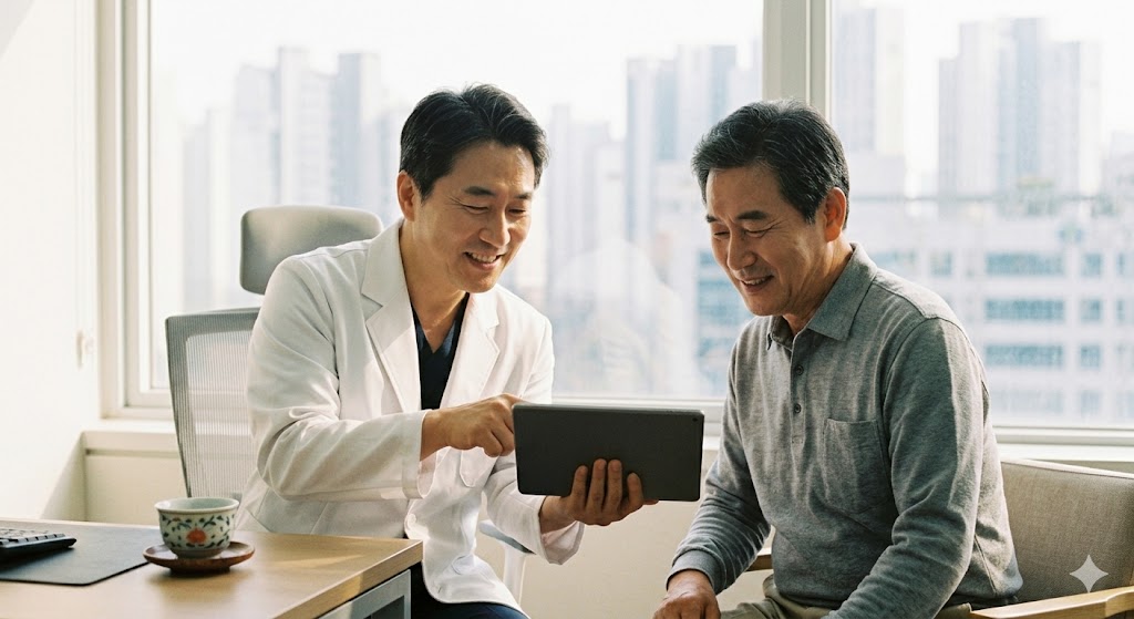 한국의 현대적인 병원에서 의사와 상담하며 신뢰감을 느끼는 역이민자의 모습- 캐나다의 느린 의료 시스템과 대비되는 한국의 신속하고 전문적인 의료 인프라를 설명하며 역이민의 실질적인 장점을 강조합니다.