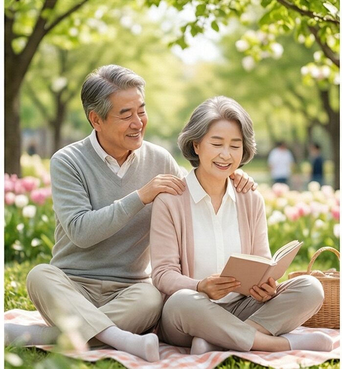 5월 황금연휴를 맞아 따뜻한 봄볕 아래 공원에서 휴식을 취하는 행복한 모습