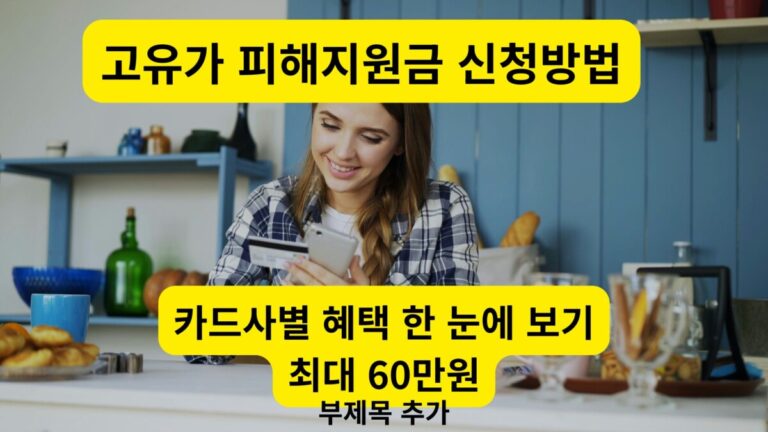 스마트폰으로 2026 고유가 피해지원금 신청방법을 알려는 여성의 모습과 카드 결제 이미지