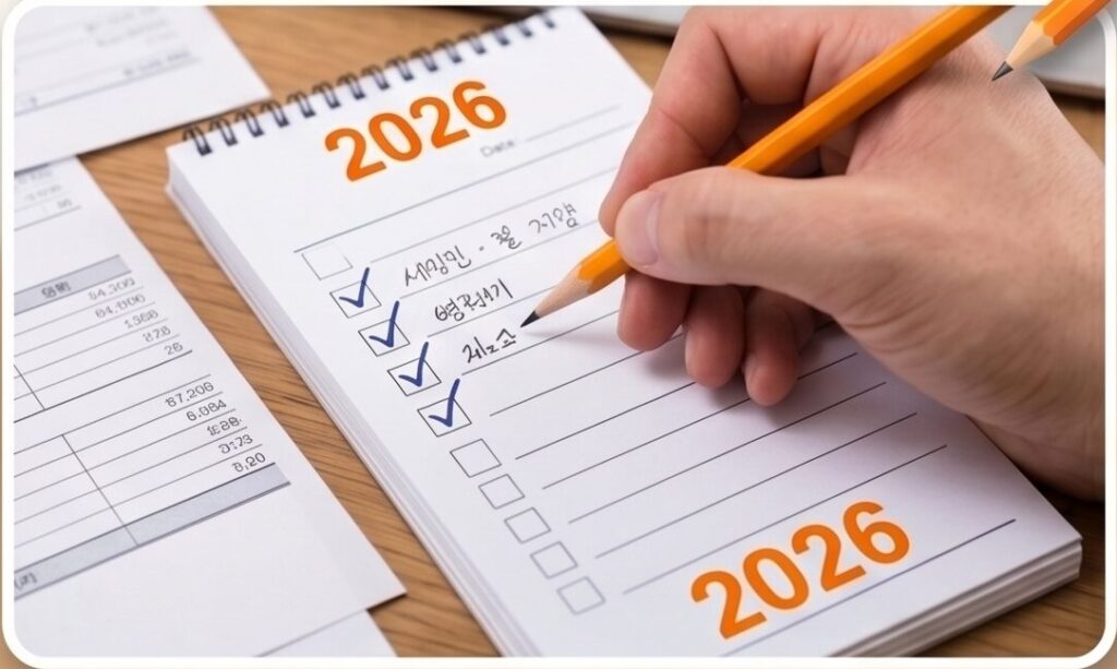 2026년 연말정산 및 종합소득세 세금 환급금 조회를 위해 체크리스트를 작성하는 모습－2026년 숫자가 적힌 노트에 연필로 체크해가며 꼼꼼하게 정산 흐름을 준비하는 전문가적인 느낌을 줍니다.