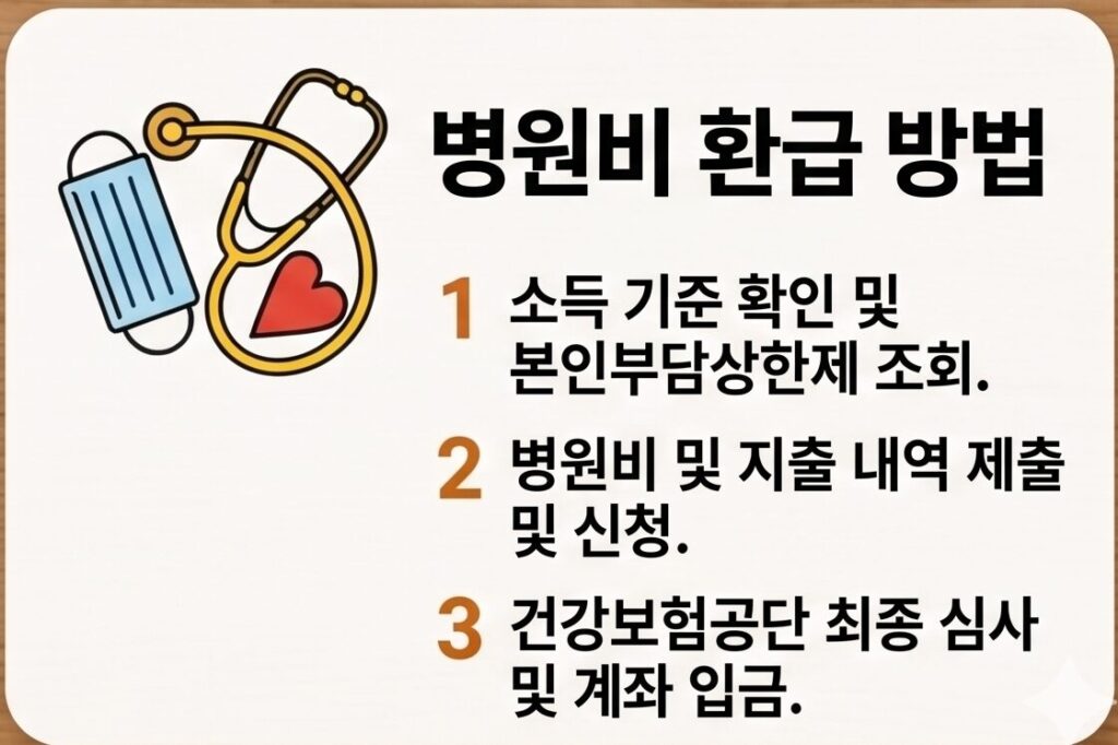 국민건강보험공단 본인부담상한제 병원비 환급금 조회 및 3단계 신청 방법 안내 카드－청진기, 마스크 일러스트와 함께 소득 기준 확인부터 건강보험공단 최종 계좌 입금까지의 프로세스를 한눈에 보여주어 독자의 이해를 돕습니다.