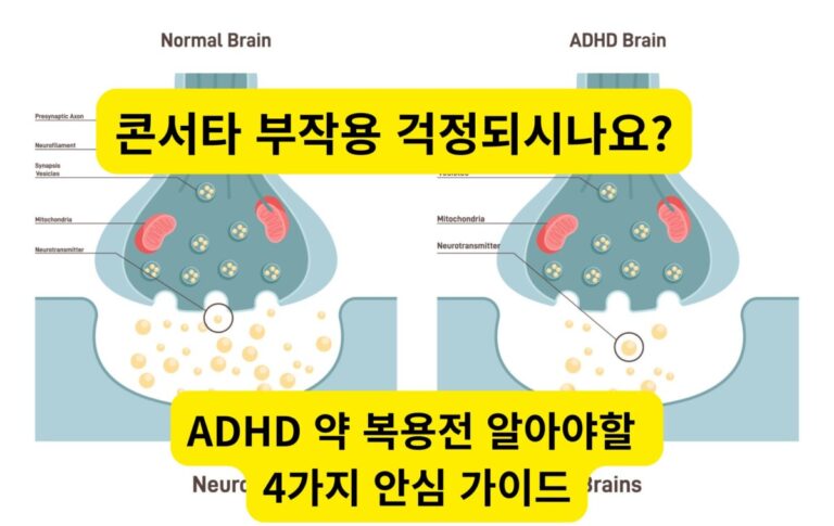 일반 뇌와 ADHD 뇌의 신경전달물질 분비 차이를 보여주는 의학 일러스트 다이어그램