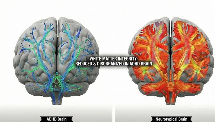 DTI 기술을 이용해 일반 뇌와 ADHD 뇌의 백질 무결성을 비교 분석한 의학 다이어그램입니다. adhd약 복용은 뇌의 신경전달물질 균형을 맞춰 백질 무결성을 개선하는 데 기여하며, 이는 adhd약 복용의 긍정적인 효과를 보여주는 시각 자료로 활용될 수 있습니다.