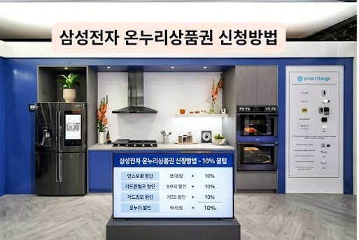 스마트싱스 기능이 탑재된 삼성 냉장고와 주방 가전을 보여주는 삼성전자 온누리상품권 신청방법 안내 이미지로 하단에 '삼성전자 온누리상품권 신청방법'과 10% 할인 혜택 요약표가 함께 배치되어 독자의 이해를 돕습니다.
