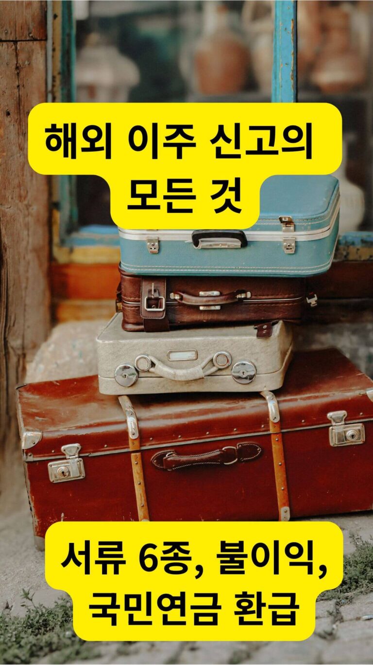 해외 이주 신고를 준비하며 쌓아 놓은 여행용 이민 가방들과 짐 가방의 모습