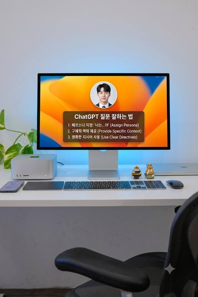 깔끔한 책상에서 데스크탑 컴퓨터로 ChatGPT와 상호작용하는 사용자