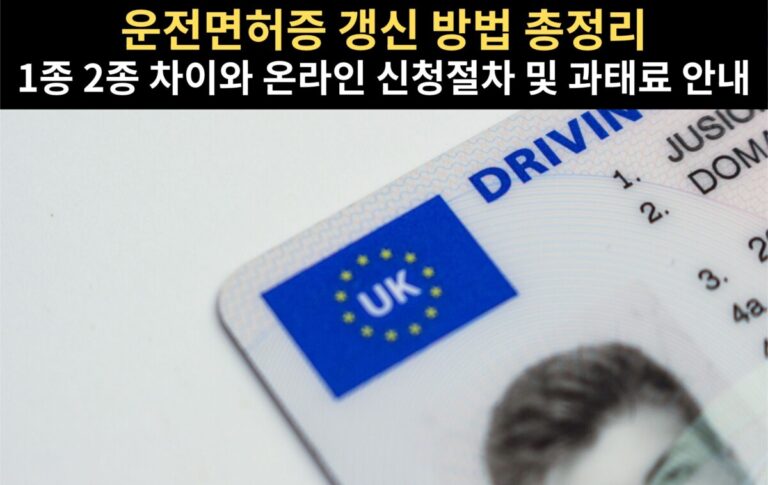 한국 운전면허증 갱신방법을 안내하는 신분증 카드와 서류